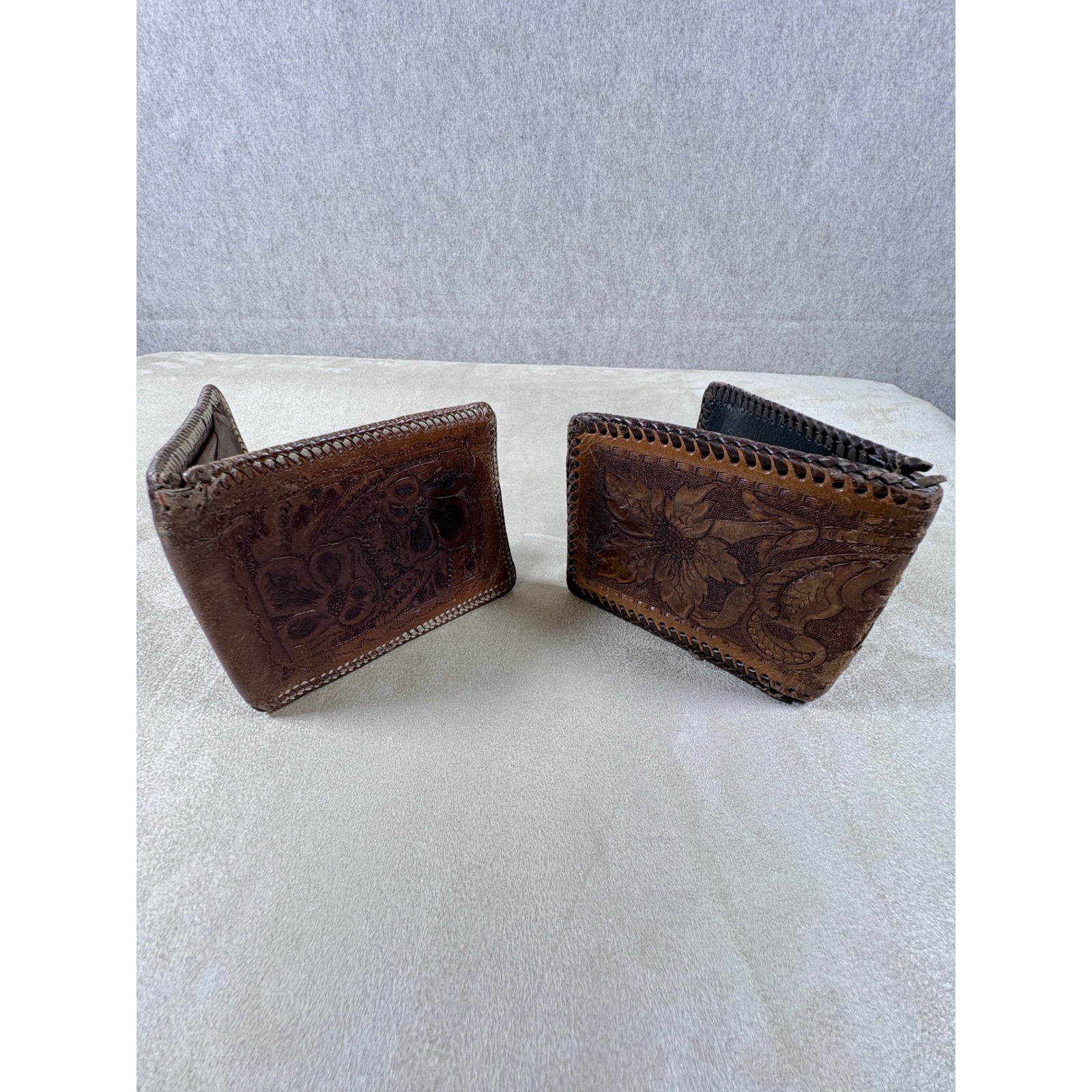 Vintage Hand Tooled Leather Wallet Set Mens Floral Western Bifold Whipstitch 2pc